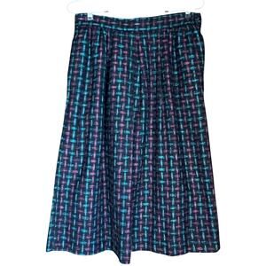 Vintage 80s Size Medium Black Wool Blend Tweed Skirt Fuchsia Blue Woven Pattern